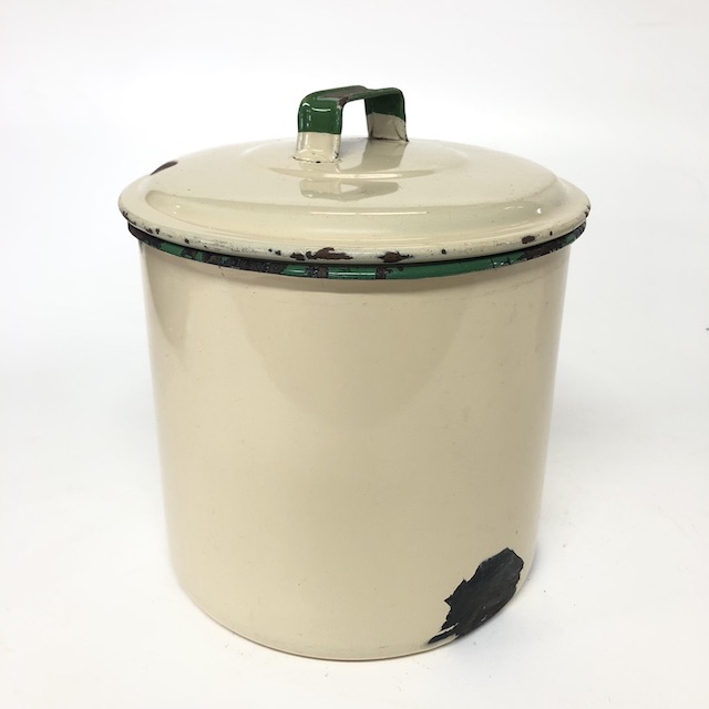 CANNISTER, Cream Enamelware w Green Handle